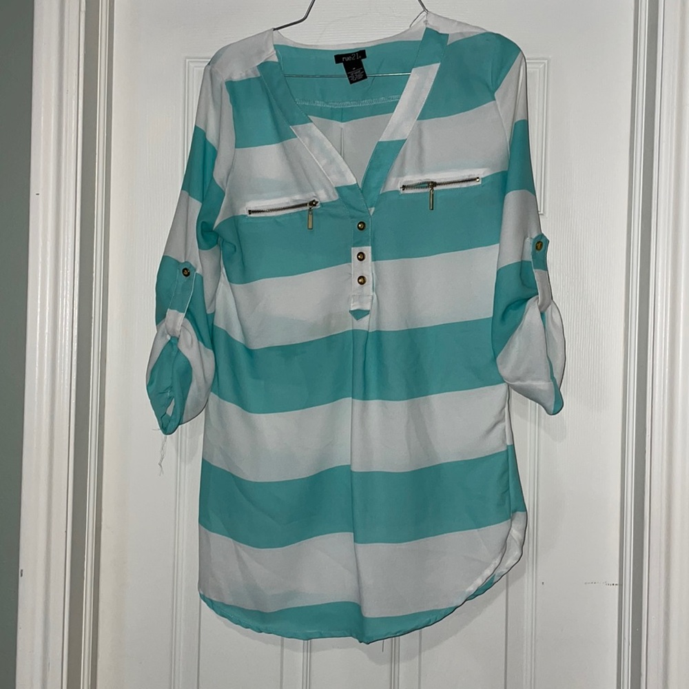 Rue21 teal and white stripped blouse with gold accents.